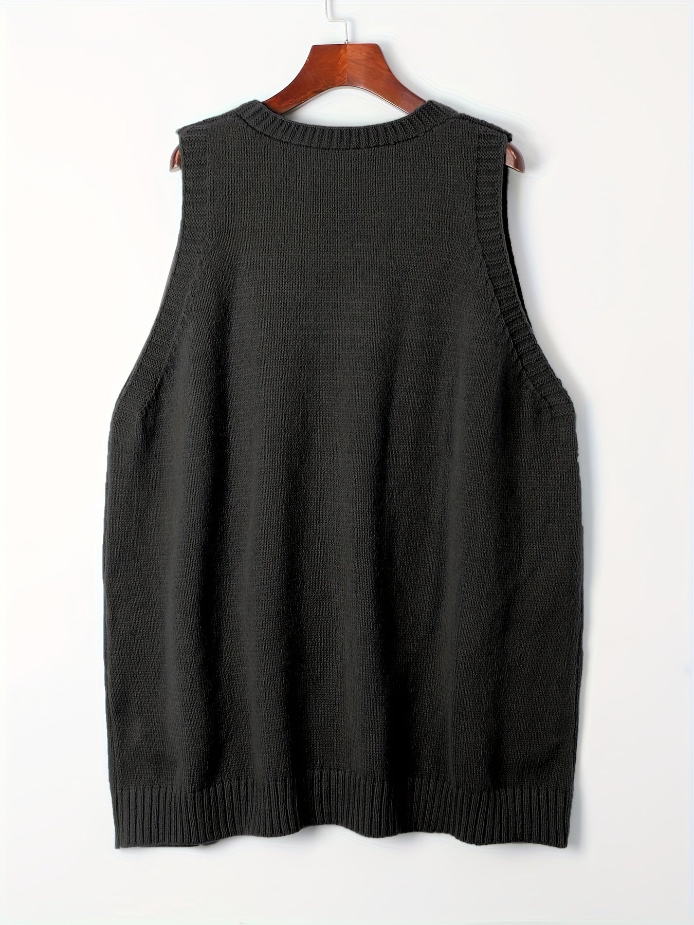 Plus Size Solid Knit Sweater Vest, Casual V Neck Sleeveless Sweater For Fall & Winter, Women's Plus Size Clothing