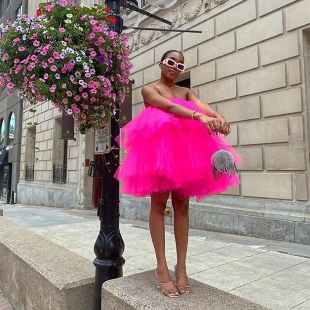 Ingvn - Chic Fuchsia Ruffles Short Tulle Dresses Women Puffy A-line Mini Tutu Dress Summer Off The Shoulder Robe Vestidos