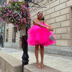 Ingvn - Chic Fuchsia Ruffles Short Tulle Dresses Women Puffy A-line Mini Tutu Dress Summer Off The Shoulder Robe Vestidos