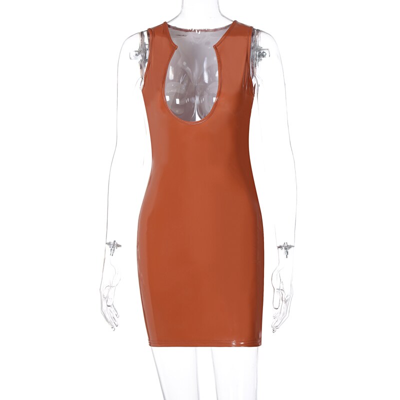 Sleeveless Solid Deep V-Neck Pu Leather Zip Up Mini Dress Autumn Winter Women Fashion Sexy Party Club Clothings