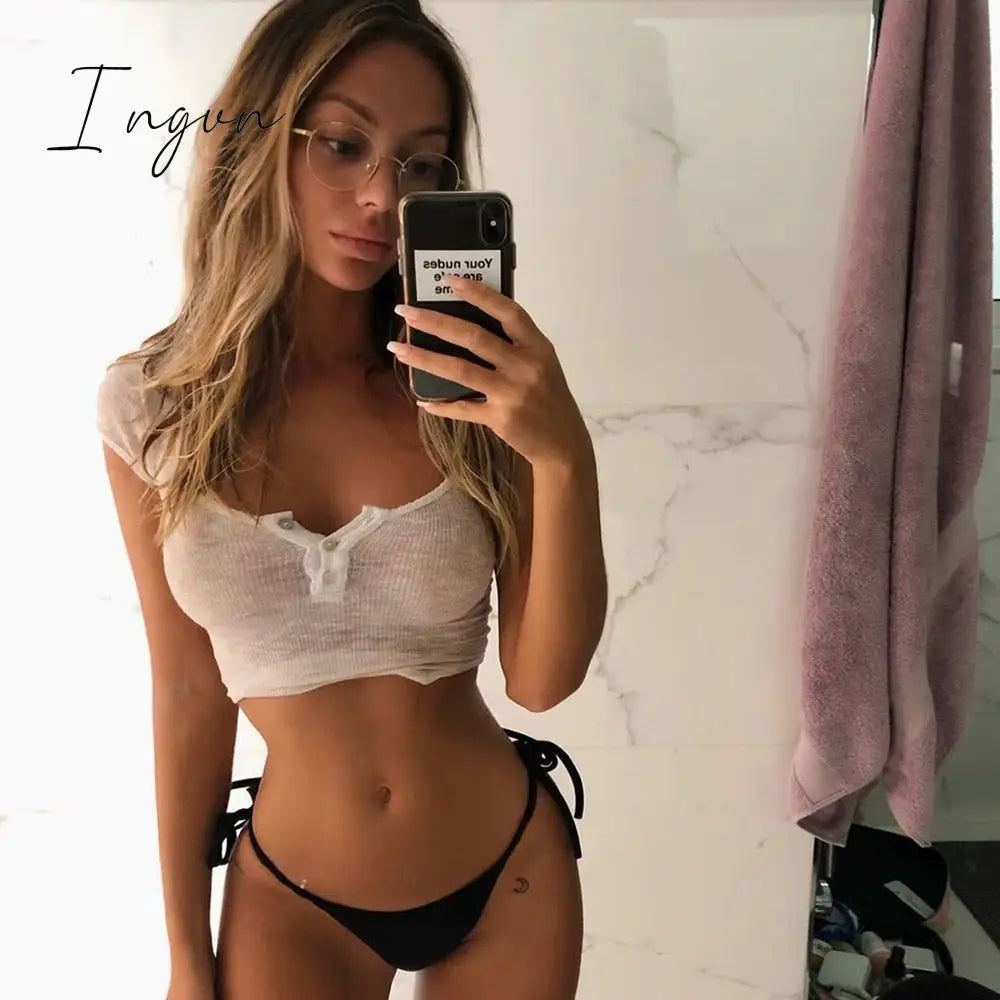 Ingvn - Hot Sexy Summer Female T-Shirts Slim Button White See Through Crop Tops Tee Short Sleeve Thin Streetwear New