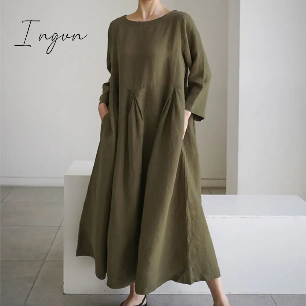 Ingvn - Women Summer Cotton dresses Nine-point Sleeves dress long Maxi dress loose robes casual Dress customized plus size dress boho Linen dress