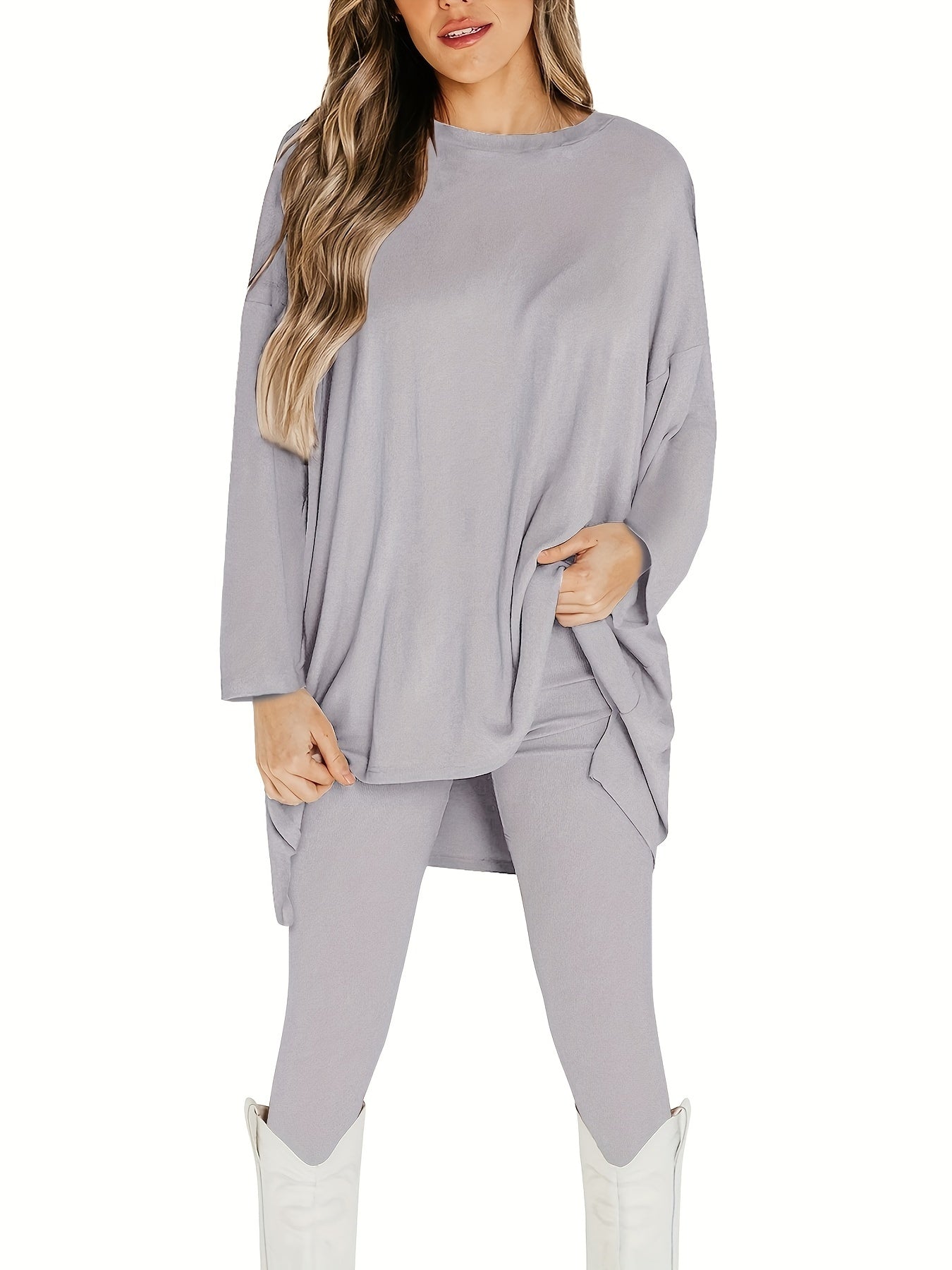 Plus Size Casual Outfits Set, Women's Plus Solid Long Sleeve Round Neck Oversized Top & Leggings Outfits Two Piece Set