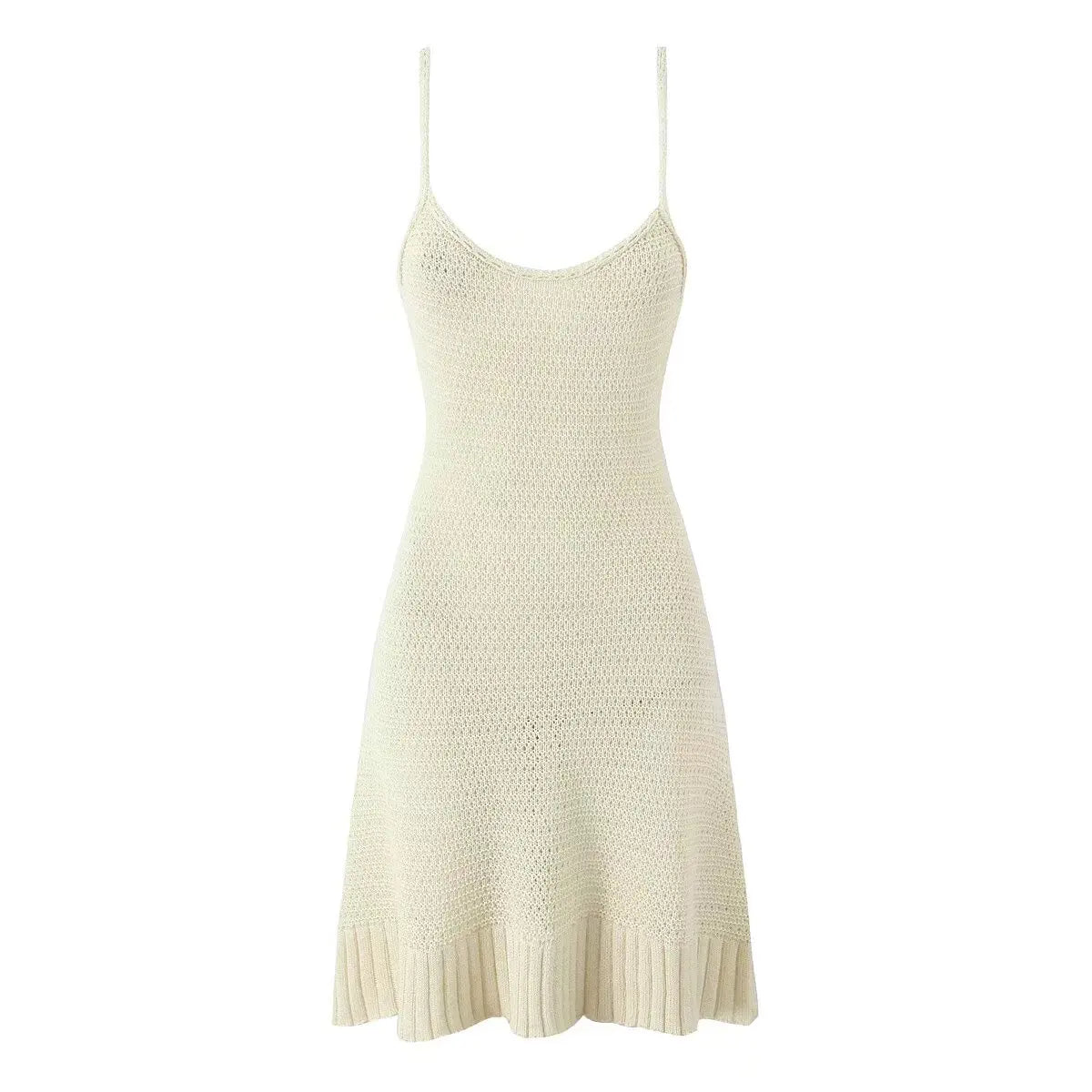 Summer Women Sexy Hollow Out Knit Sling Mini Dress O Neck Sleeveless Hem Ruffle A-line Short Beach Dresses Holiday Robe