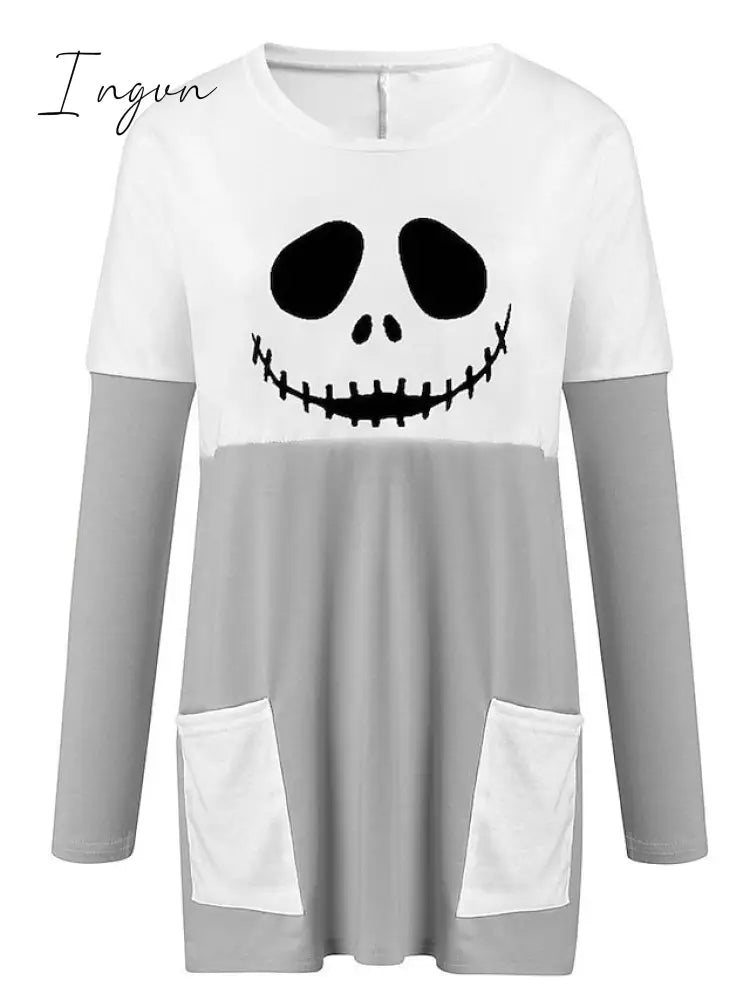 Ingvn - Women's Tunic Shirts Tunic Black White Wine Plaid Color Block Pocket Print Long Sleeve Halloween Weekend Round Neck Long Abstract Painting S