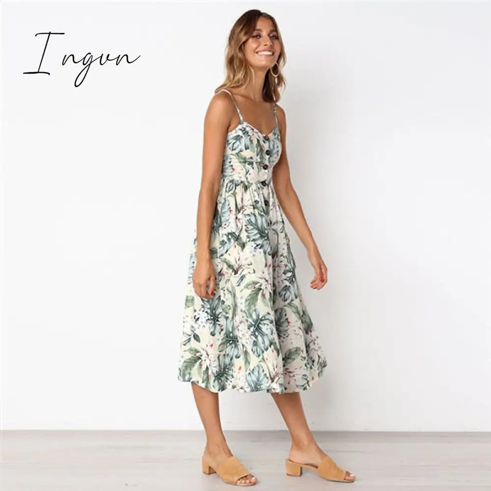 Ingvn - Boho Sexy Floral Dress Summer Vintage Casual Sundress Female Beach Dress Midi Button Backless Polka Dot Striped Women Dress