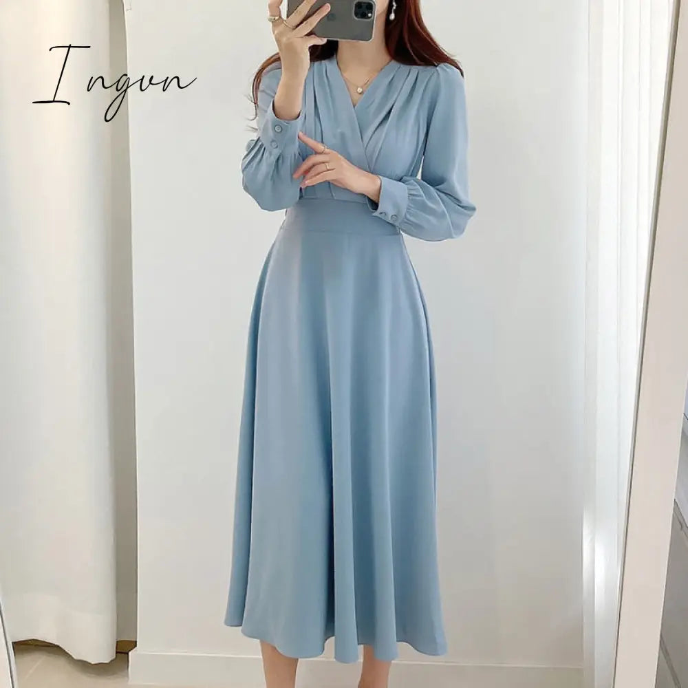 Ingvn - Harajuku V-neck Puff Sleeve A-line Maxi Dresses for Woman Women Solid Color Midi Robe Korean Office Dresses Elegant Spring