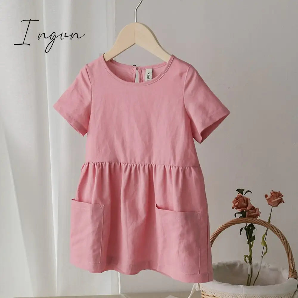 Ingvn - Fashion Cotton Linen Summer Girl Dress Yellow Casual Short Sleeve Kids Holiday Dress With Pockets TZ20