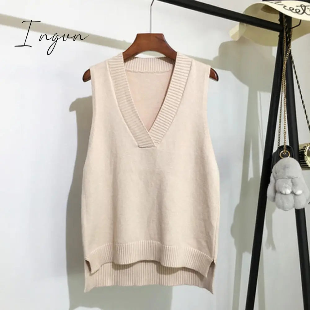 Ingvn - V-neck knitted Vest Women's Sweater Autumn And Winter New Korean Loose Wild Pink Sweater Vest Women Sleeveless Sweater 11810