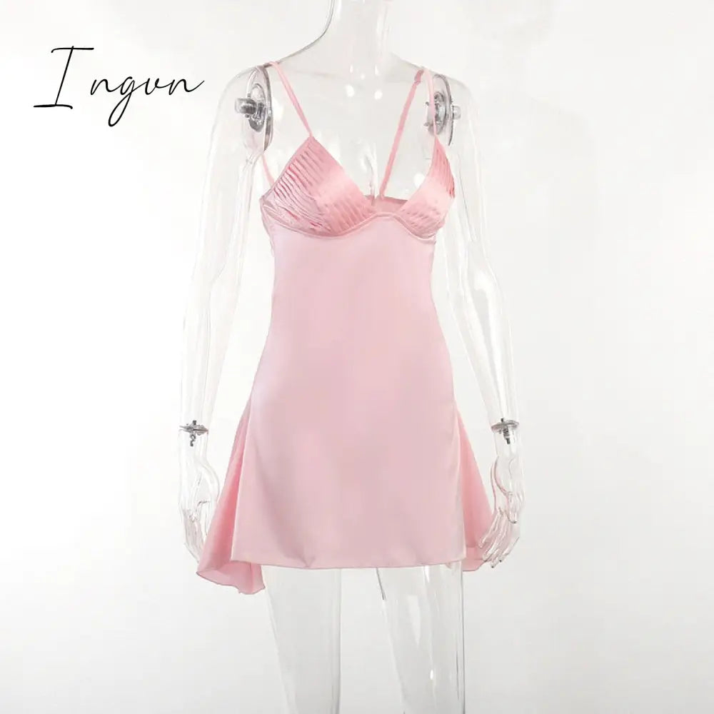 Ingvn - Satin Spaghetti Strap Sexy Mini Dress Women Robe Summer New Deep V Neck Sleeveless backless Club Party Dress Vestido
