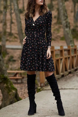 Ingvn - Spring Summer Long Sleeve V Neck Flowers Print Boho Dress Women Elegant Vintage Floral Printed Casual  Green A-line Swing Dress