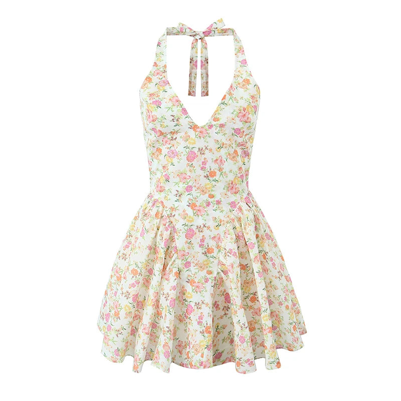 Sexy Backless Floral Print Halter Dress For Women Sleeveless Low Waist Holiday Summer Short Dress Party Robe