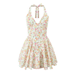 Sexy Backless Floral Print Halter Dress For Women Sleeveless Low Waist Holiday Summer Short Dress Party Robe