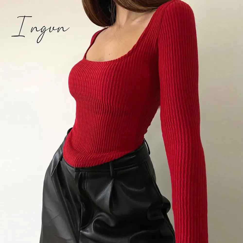 Ingvn - Crop Top Streetwear Long Sleeve Women Basic Cropped Skinny Casual Autumn Winter Sexy Ruched T Shirts Ins Red Tops