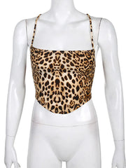 Leopard Pattern Women Tank Tops Backless Sexy Rave Outfits Sleeveless Cross Lace Up Bralette Crop Top Summer Streetwear