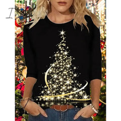 Ingvn - Women's Shirt Dark Green Peacock Blue Brick red Christmas Tree Print Long Sleeve Christmas Holiday Casual Round Neck Regular Floral S