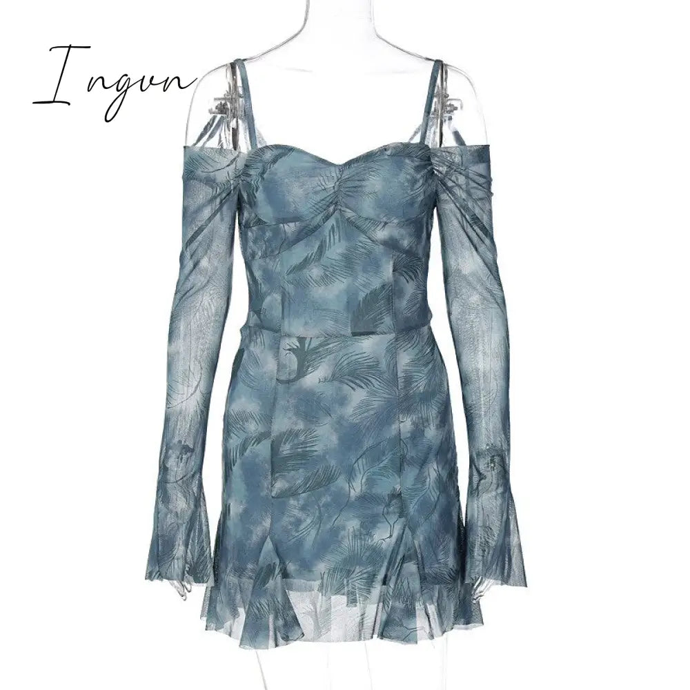Ingvn - European-American Women's Clothing 2023 Summer Sexy One-Shoulder Flare Sleeve Print Waist Show Thin Sling Dress