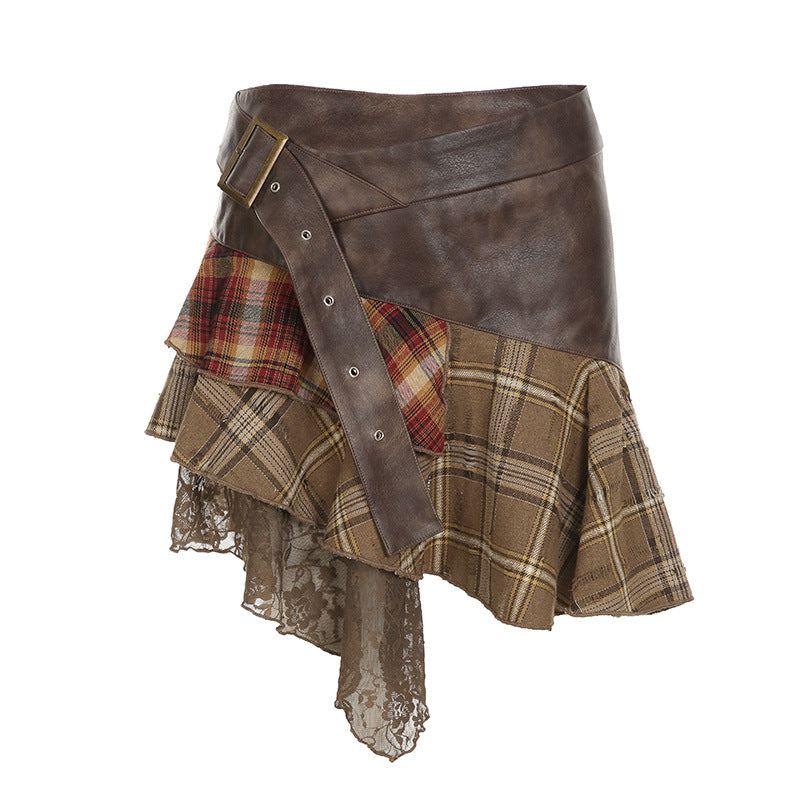 Irregular Design Sense Plaid Stitching Lace Wandering Waste Earth Style Distinctive Skirt Women's Hot Girl Stacked Pleated Skirt