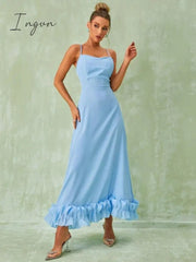 Ingvn - Elegant Flower Hem Sexy Midi Dress Women Spaghetti Strap Sleeveless Backless A- Line Loose Temperament Long Dress