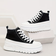 High-top Heightening Women's Canvas Solid Color Casual Sneakers, Lace Up Platform Soft Sole Walking Skate Shoes