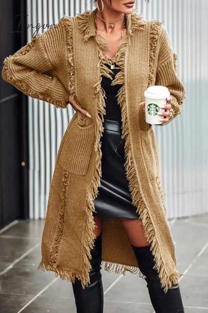 Ingvn - Casual Solid Tassel Patchwork Pocket Cardigan Collar Outerwear