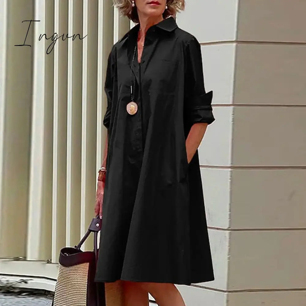 Ingvn - Women's Shirt Dress Casual Dress Shift Dress Midi Dress Outdoor Winter Dress Daily Polyester Elegant Casual Shirt Collar Pocket Rolled Cuff Long Sleeve Summer Winter Fall Spring 2023 Loose Fit Red