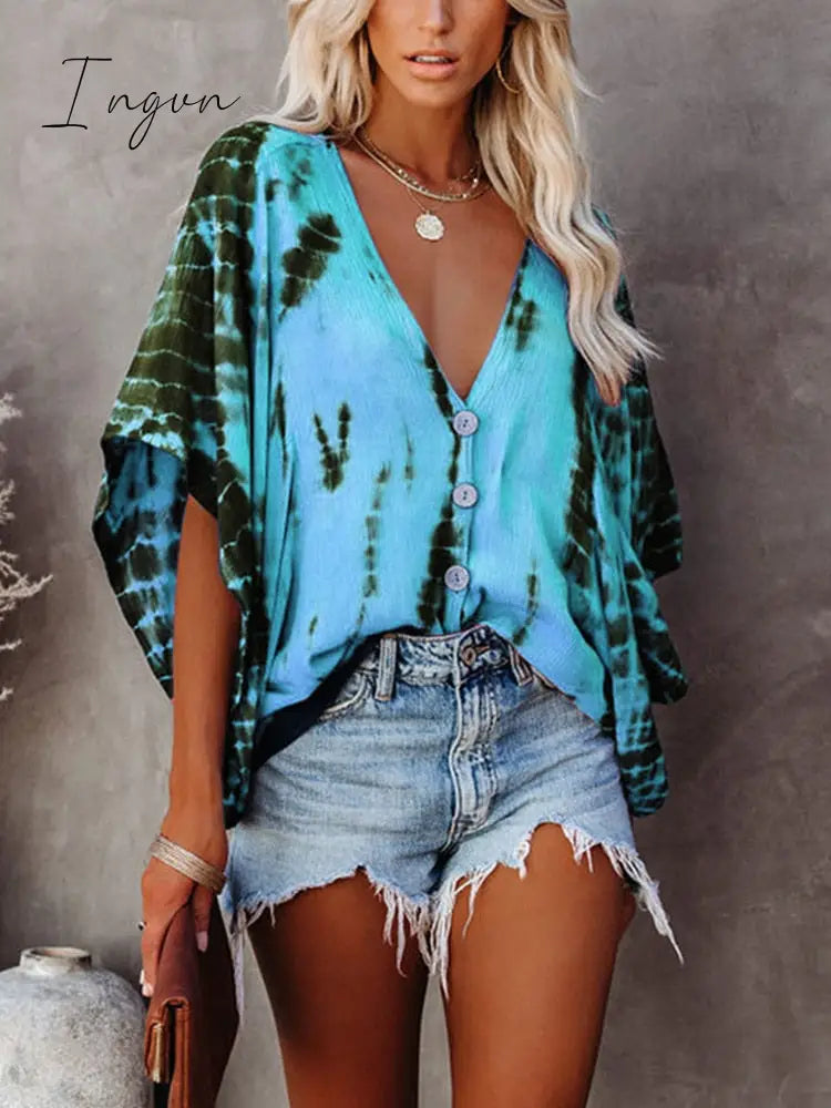 Ingvn - Summer Fashion Oversized Deep V-neck Women's Shirt Tie Dye Vintage Print Button Batwing Sleeve Top Female Casual Loose Cardigan