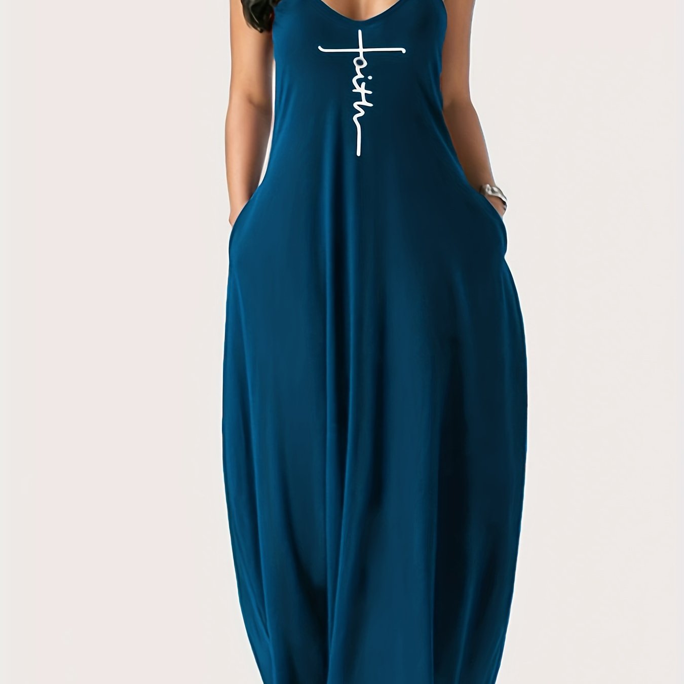 Faith Print Backless Spaghetti Strap Dress - Stylish V Neck Loose Fit for Women - Versatile Casual Summer Wear
