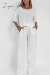 Ingvn - Casual Simplicity Solid Pocket O Neck Three Quarter Two Pieces