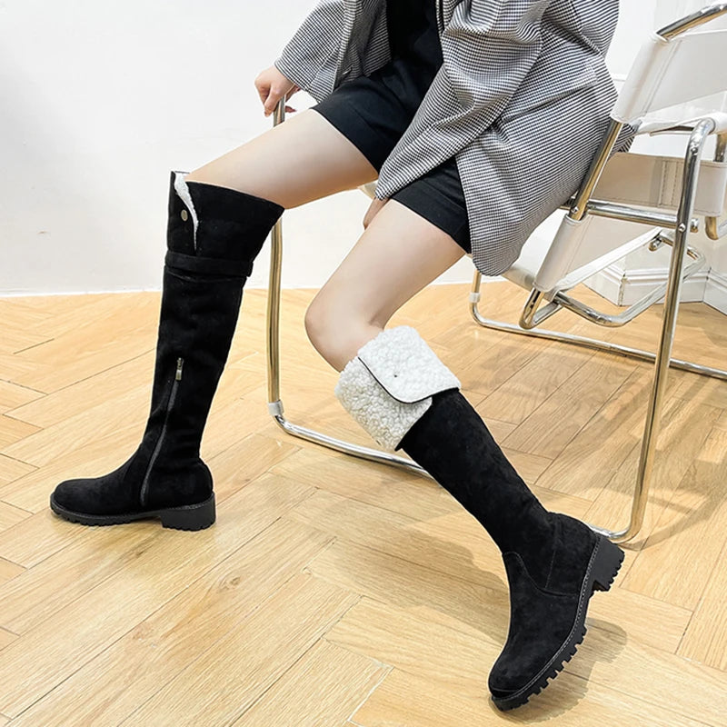Ingvn  Winter Warm Cotton Women Over The Knee High Boots Slip On Ladies Concise Square Low Heel Long Botas De Mujer
