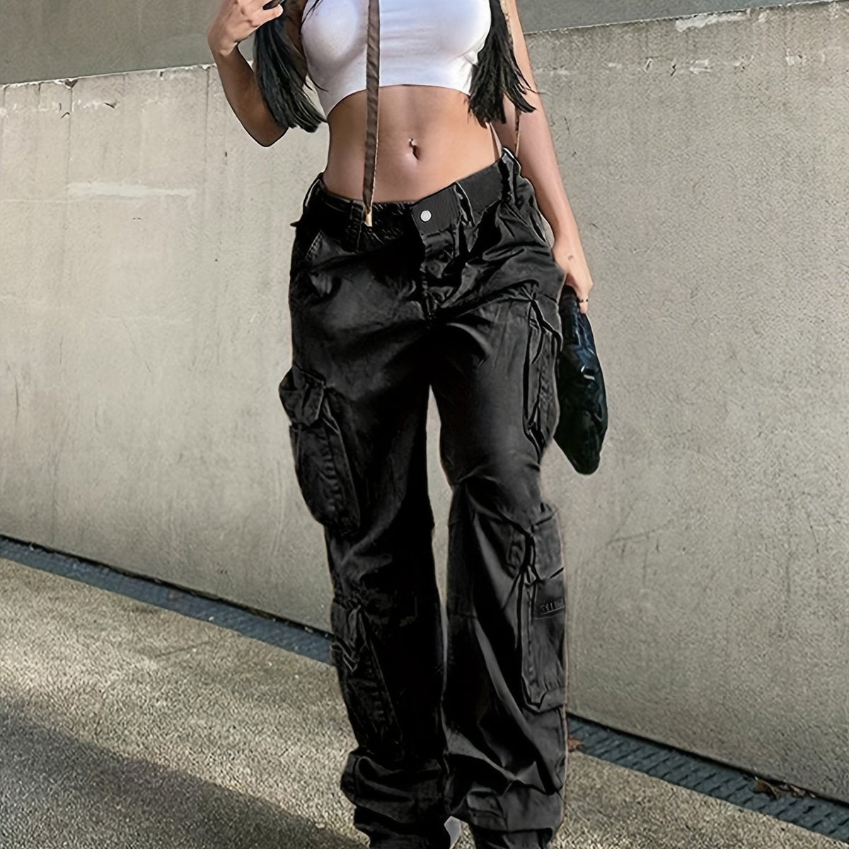 Girl's Wide Legs Baggy Cargo Pants with 2 Flap Pockets, Y2K Style Jeans, Vintage Kpop Inspired Women's Denim Clothing