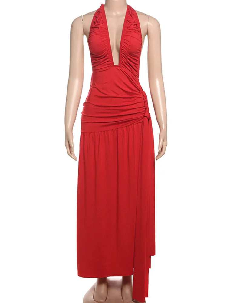 Halter Deep V Neck Sexy Maxi Dress For Women Gown Fashion Solid Sleeveless Backless Draped Ruched Bodycon Long Dress