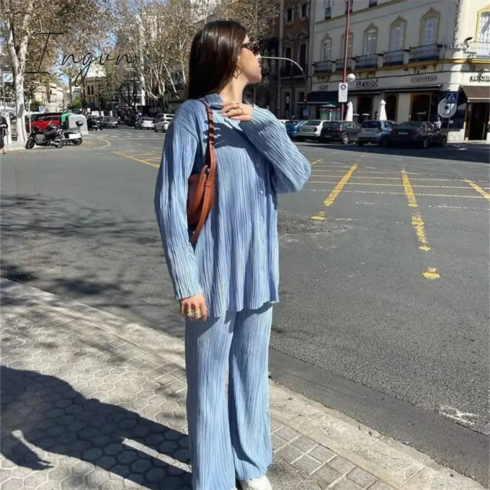 Ingvn - Women Pleated 2 Piece Pants Sets Spring Summer Streetwear Long Sleeve Button Down Shirt+Straight-Leg Pants Loose Outfits