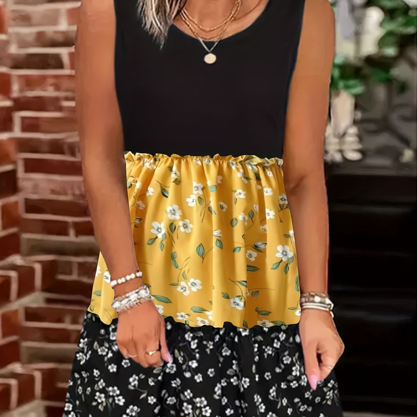 Boho Chic Floral Print Tank Dress - Color Block Crew Neck - Flowy Sleeveless for Summer - Fashionable Womens Clothing