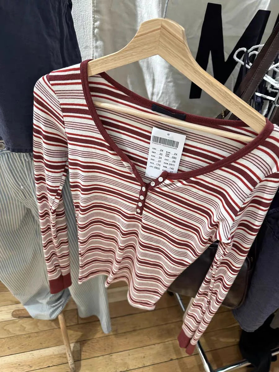 Red Striped Six Buttons Long Sleeve T-shirts Women Spring O-neck Cotton Slim Tee Shirt New Preppy Sytle Sweet Tshirt Y2k Tops