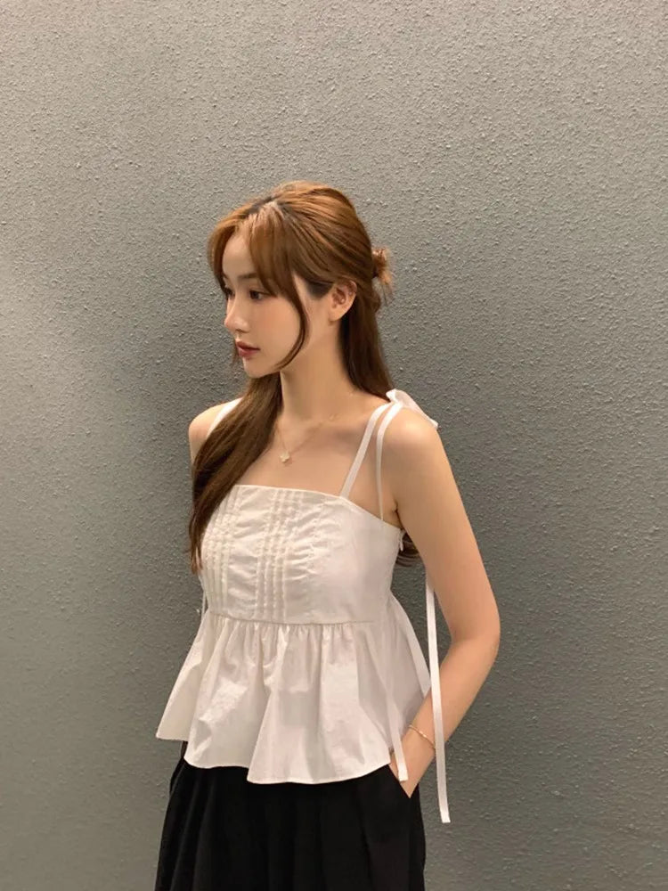 Y2k Clothes South Korea Chic Tanks Summer French Sweet One-line Shoulder Tops Chest Design Tie Bow Slimming Waistcoat