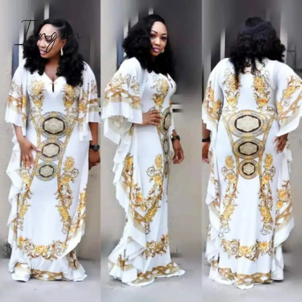 Ingvn - Lotus Leaf Digital Print Maxi Dress Spring and summer retro style African ladies loose V-neck dress