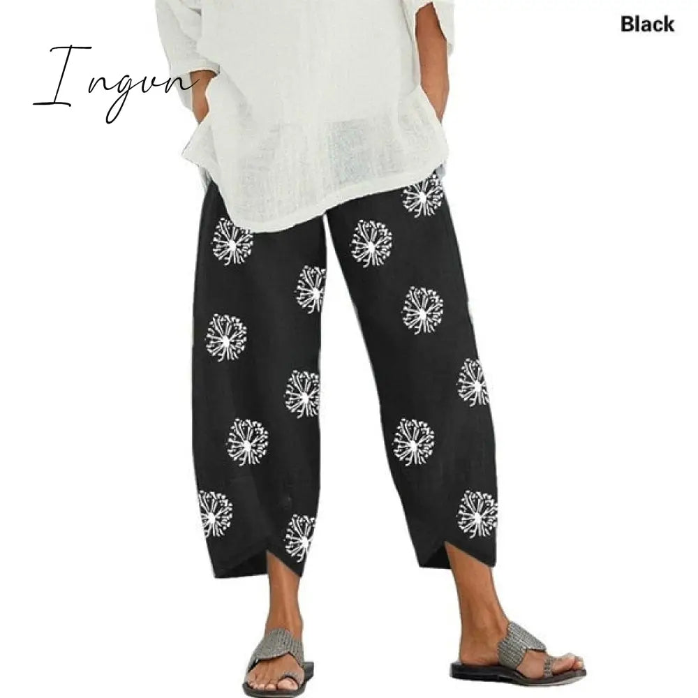 Ingvn - Vintage Harem Pants Women Casual Loose Printed Elastic Waist Cotton Linen Wide Leg Pants Summer Irregular Pantalon Cropped Pants