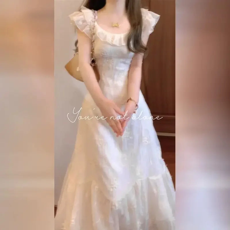 French Style Solid Color Summer Dress Women's Knee-Length Sleeveless Holiday Beach Vacation Skirt Short Flounce Sleeve