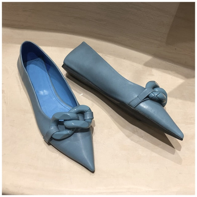INGVN   Brand Design Chain Buckle Flat Shoes Women Flat Heel Ballet Pointed Toe Slip On Female Ballerina Casual Loafers