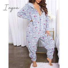 Ingvn - Women's Pajamas Jumpsuit Leopard Star Warm Comfort Plush Home Christmas Flannel Warm Breathable Hoodie Long Sleeve Pocket Fall Winter Leopard Print Moon blue