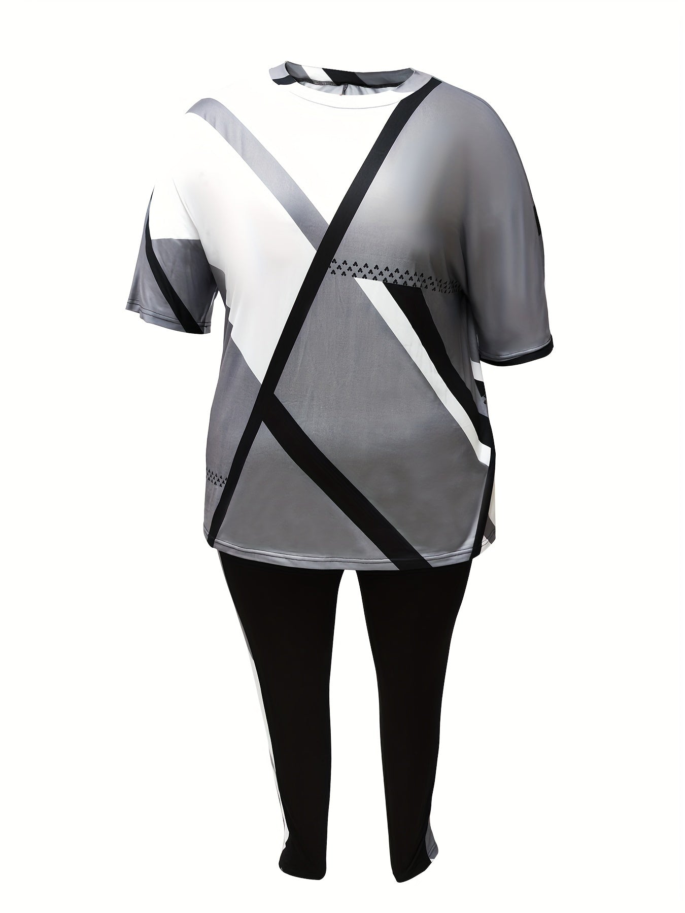 Plus Size Casual Outfits Set, Women's Plus Colorblock Geometric Print Long Sleeve Round Neck Top & Pants With Pockets Outfits 2 Piece Set