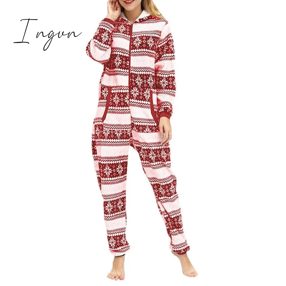 Ingvn - Women's Pajamas Jumpsuit Elk Snowflake Warm Fashion Casual Home Christmas Daily Polyester Breathable Hoodie Long Sleeve Pocket Fall Winter Black White