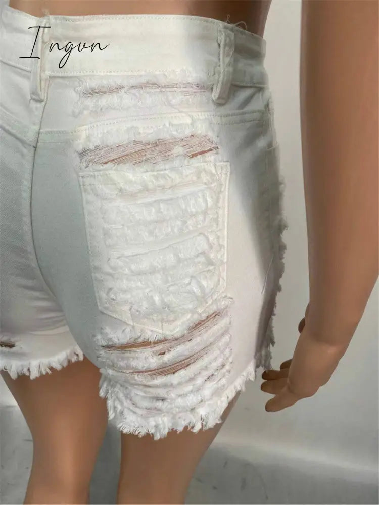 Ingvn - New Summer Ripped Hole Hollow Out Jeans For Women High Waist Sexy Tassels Cut Open Button Slim Denim Shorts Pants