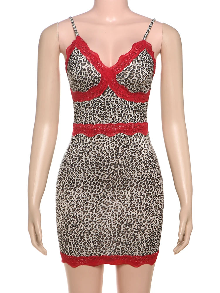 Red Lace Patchwork Dress Women Leopard Print Sexy Backless Sleeveless Summer Trend Midnight Stretch Clubwear Bodycon