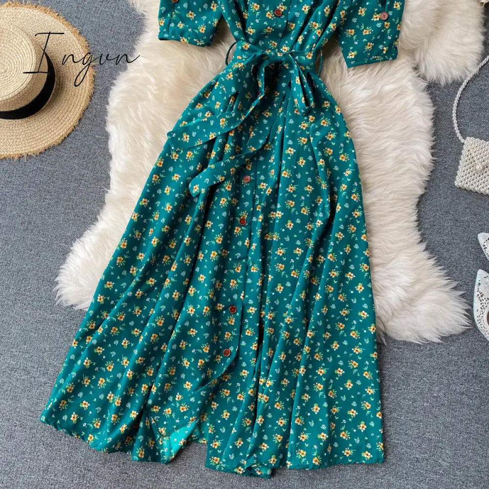 Ingvn - beach Red elegant sexy Dress women Summer Autumn V-neck polka dot midi dress waist split dress vestidos de fiesta clothes