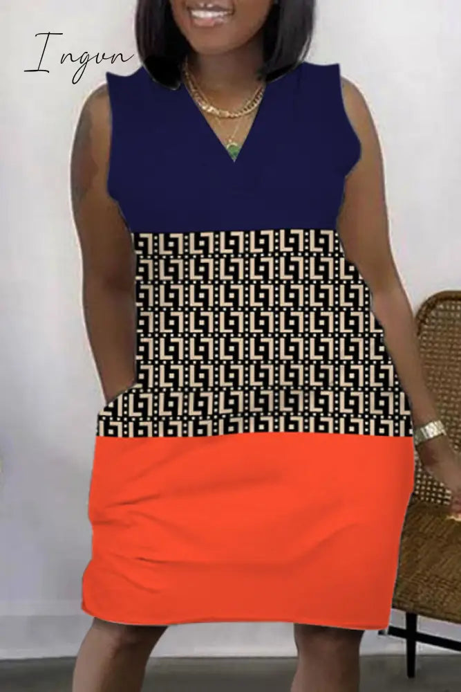 Ingvn - Light Coffee Casual Print Patchwork V Neck Sleeveless Dress Dresses