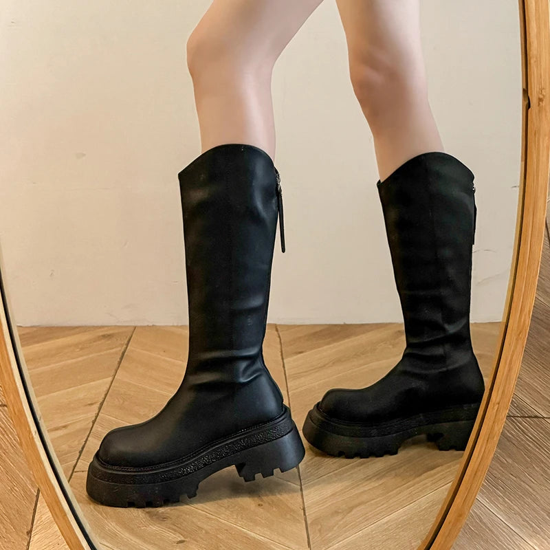 Ingvn  Vintage Platform Women Knee High Boots Fashion Back Zippers Shoes Autumn Winter Thick Heel Ladies Knight Long Booties