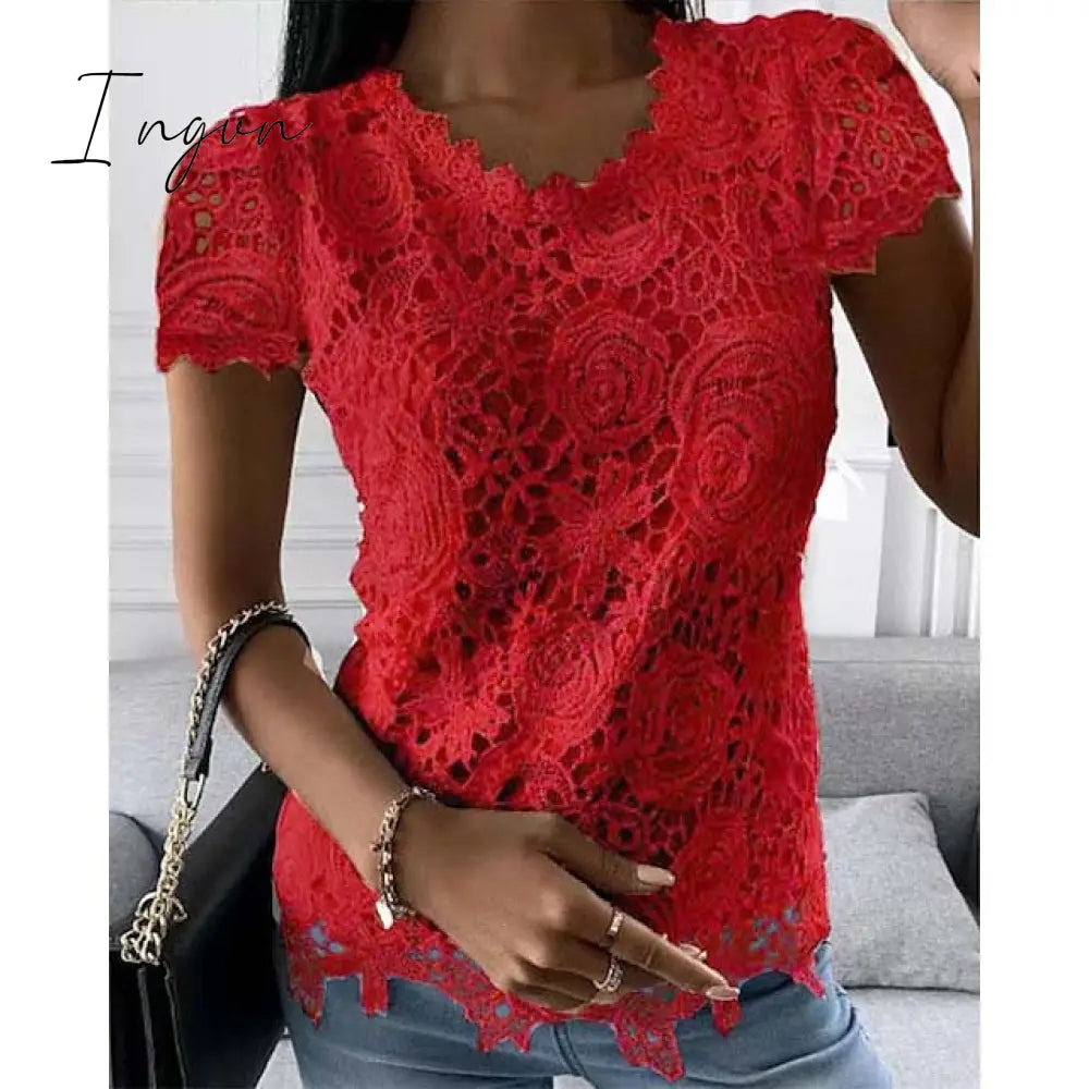 Ingvn - Women's Shirt Blouse Black White Pink Plain Lace Short Sleeve Casual Basic Round Neck