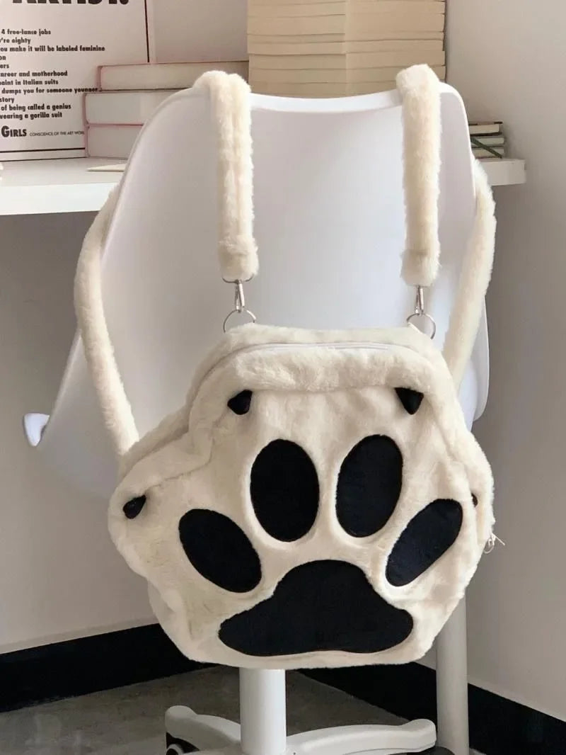 Ingvn  Cute Cat Paw Plush Backpack with Adjustable Straps Kawaii Bag with Zipper JK Girls Bag Cartoon Backpack for Women Girls